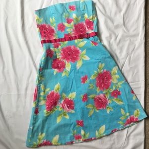 strapless floral mini dress with pink bow
